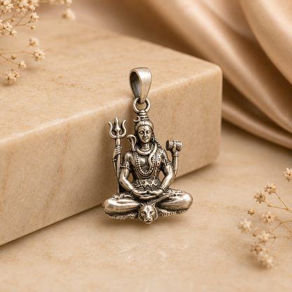 925 silver Lord Shiva meditating pendant with trishul and damru on a textured background