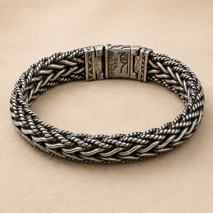 925 silver men’s multi-row braided bracelet with engraved clasp center detail