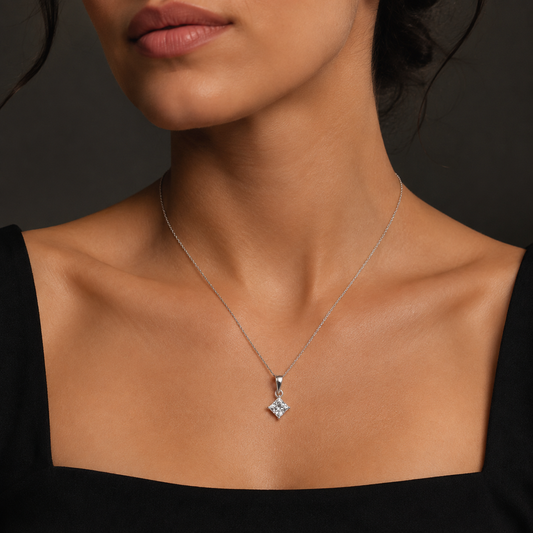 1.20 carat moissanite princess cut solitaire pendant in 925 silver on a model