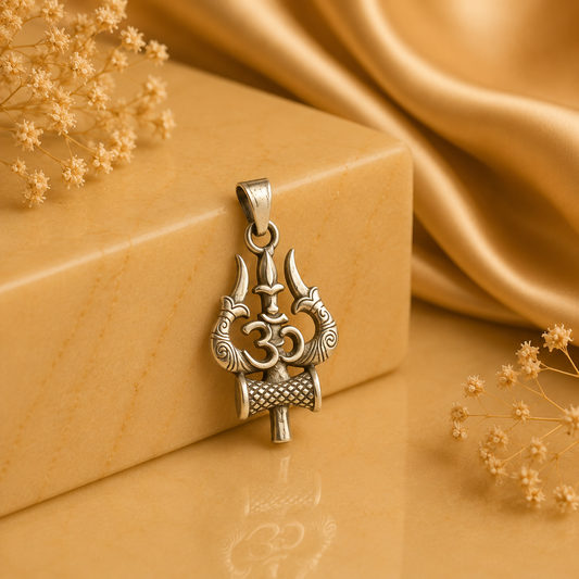 925 silver Om Trishul Damru pendant with trident and damru design on tan background
