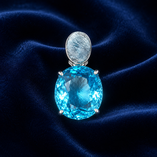 925 silver oval-cut blue topaz pendant on dark blue velvet