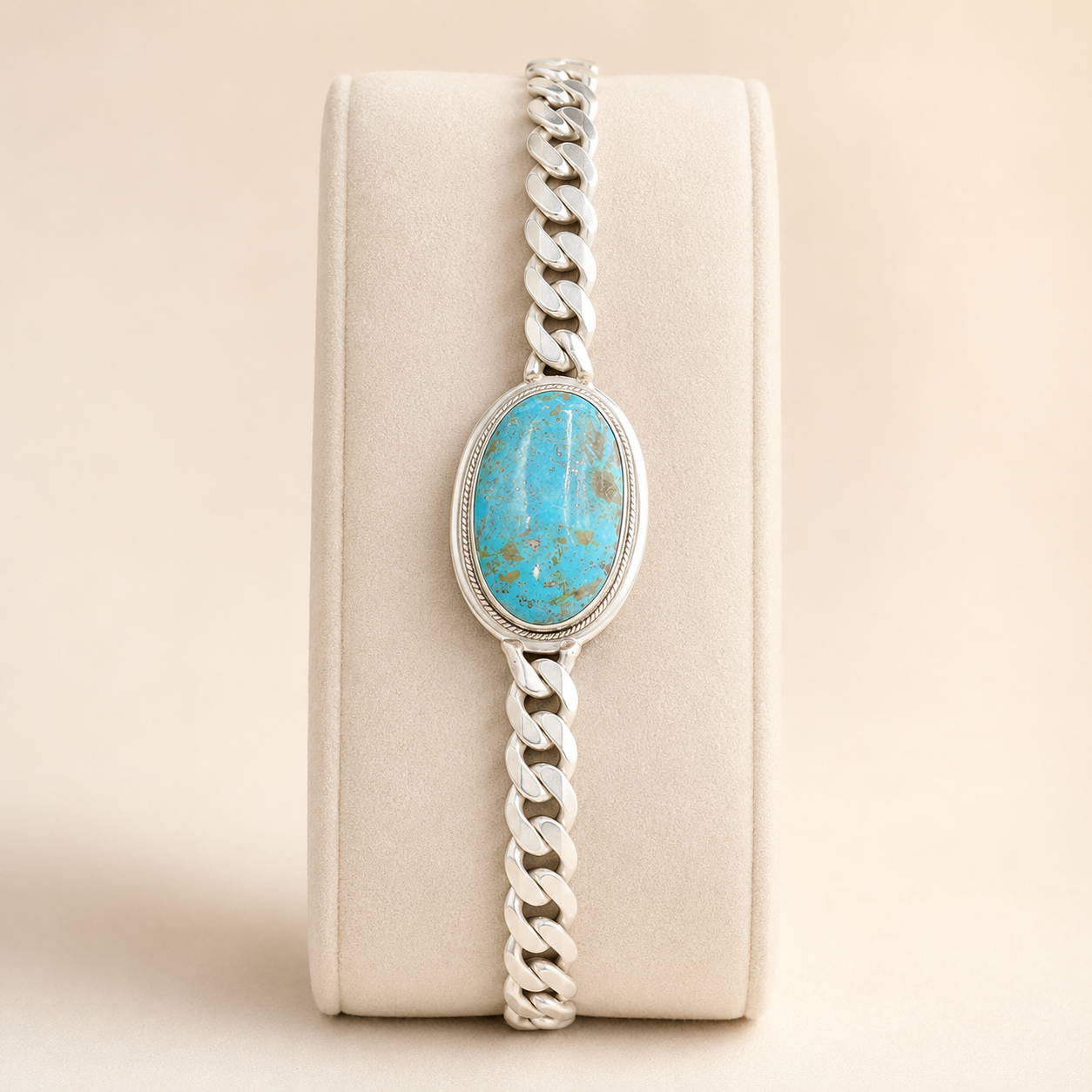925 silver unisex oval turquoise bracelet with oval blue stone centerpiece