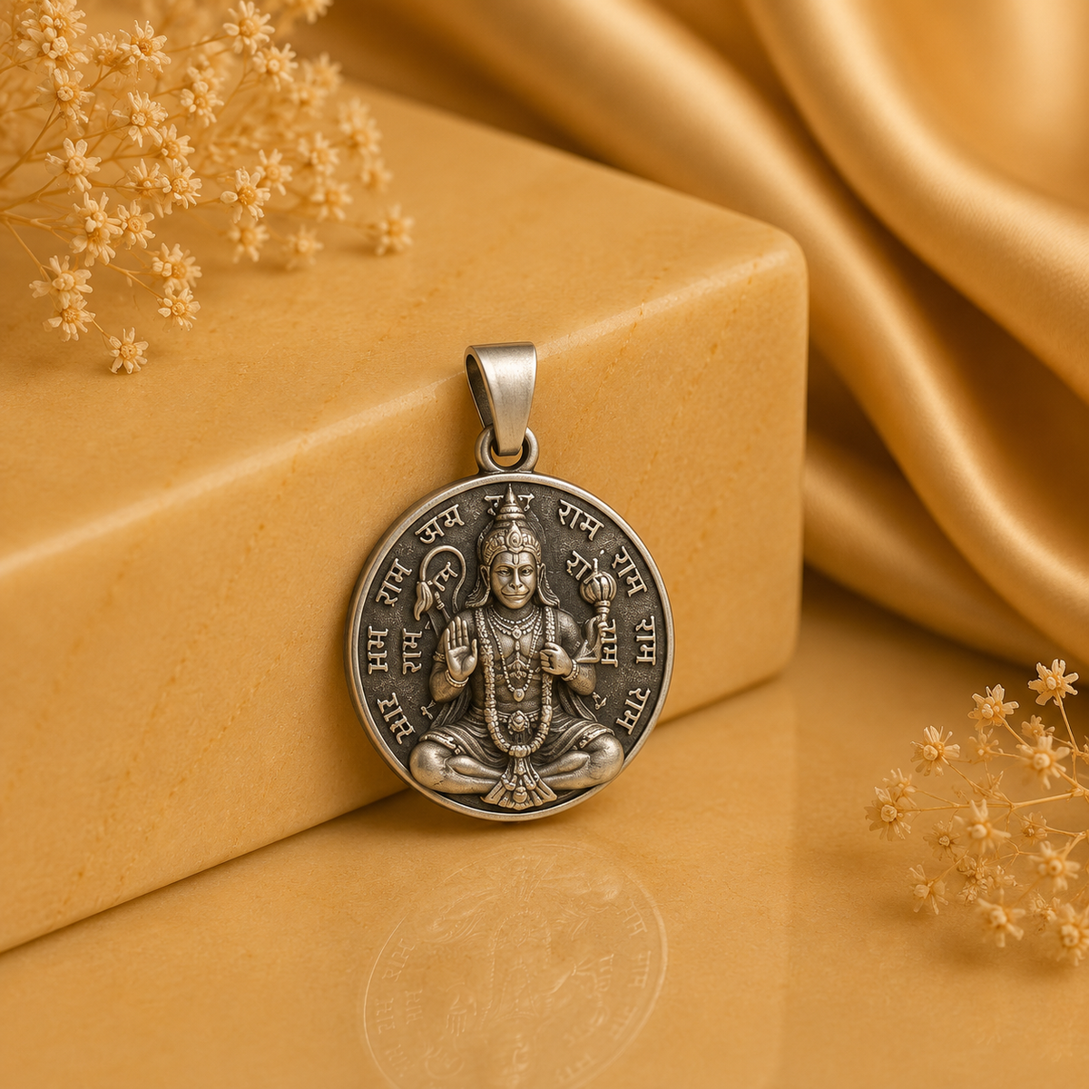 925 silver Ram Naam Hanuman meditation pendant with circular deity design on a gold backdrop