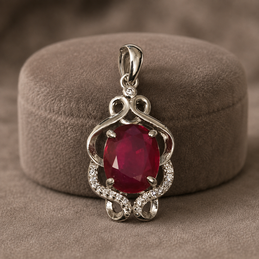 925 silver ruby manik locket pendant with red oval gem and decorative prong setting