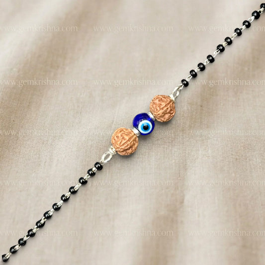 925 silver rudraksha bracelet with blue evil eye bead and black spacer beads