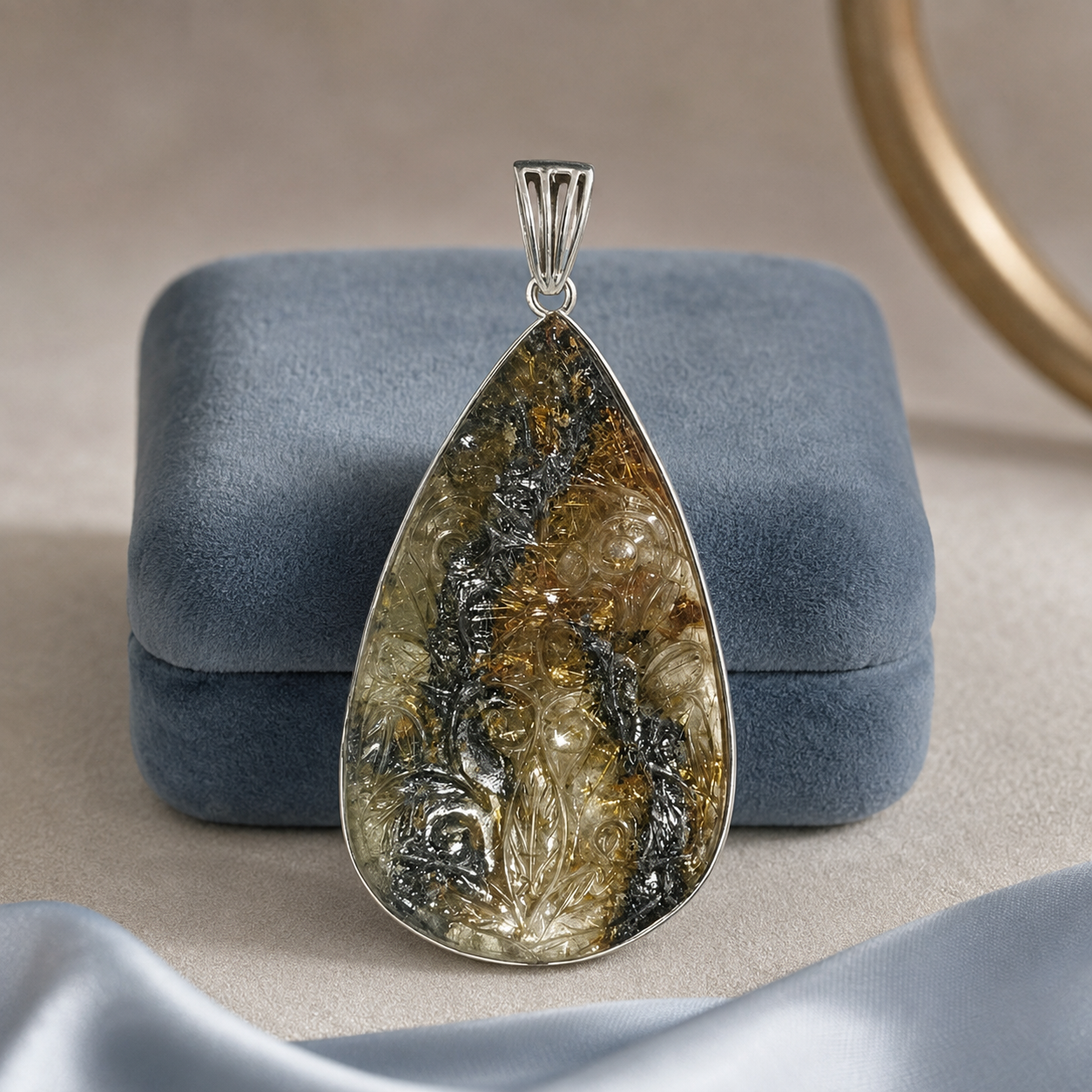 925 silver rutilated quartz pendant with teardrop stone in prong setting on blue display