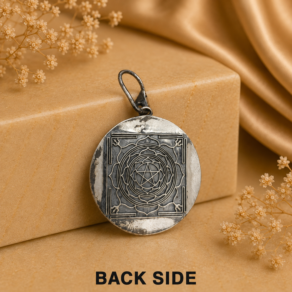 925 silver Shiva Nandi trishul locket pendant back side with engraved round design
