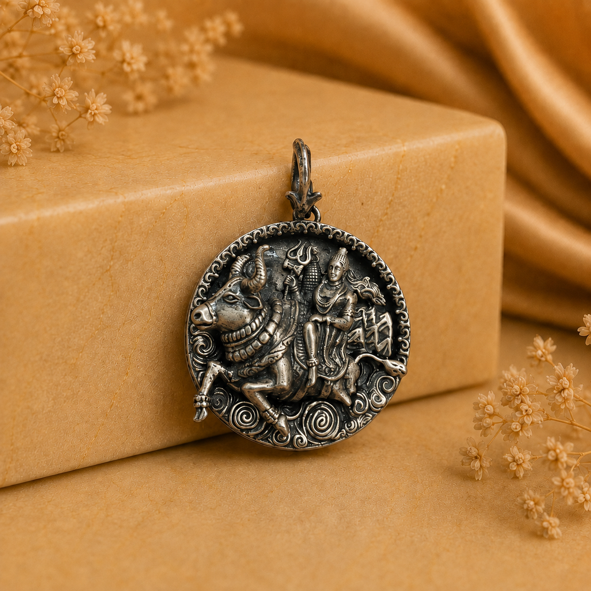 925 silver Lord Shiva Nandi trishul locket pendant with detailed relief on round front