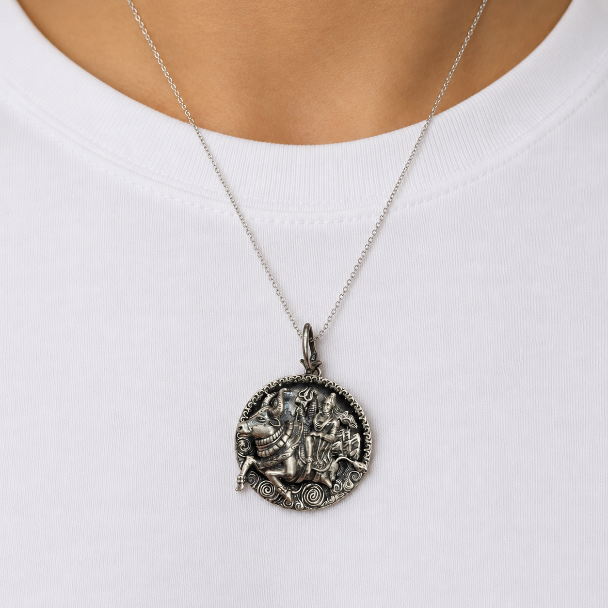925 silver Lord Shiva Nandi trishul locket pendant worn on a thin chain
