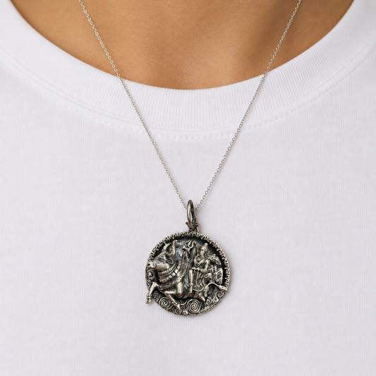 925 silver Lord Shiva Nandi trishul locket pendant worn on a thin chain