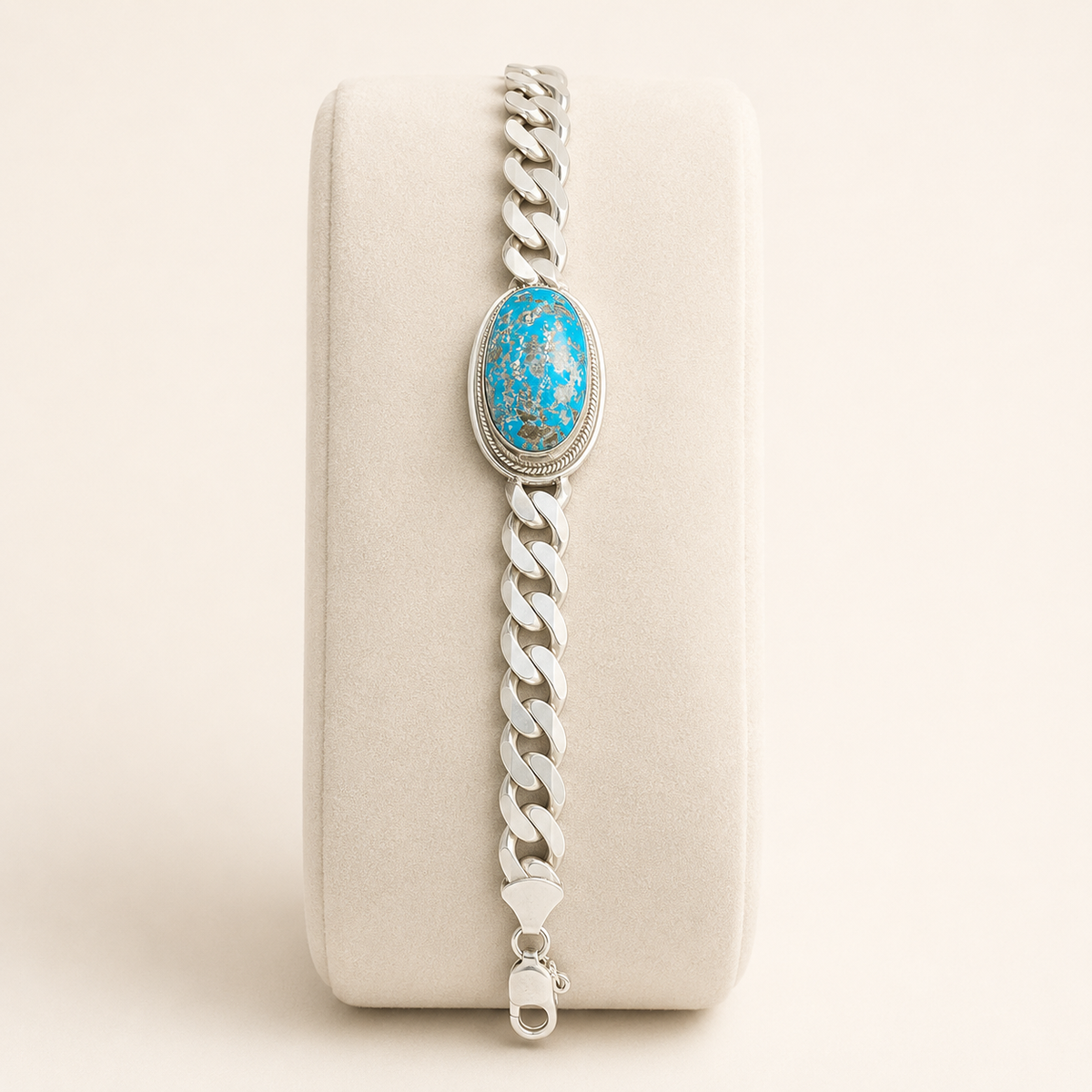 925 silver unisex matrix turquoise bracelet with oval turquoise in frame on curb chain