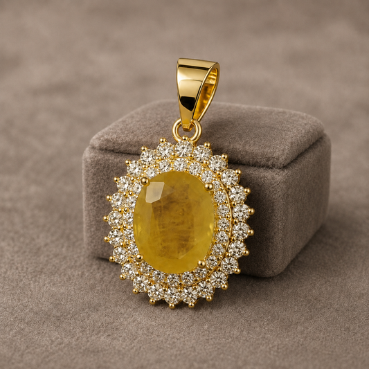 925 silver yellow sapphire pukhraj locket with ornate halo, gold-toned setting on gray display