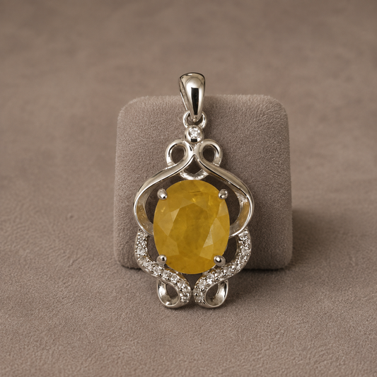 925 silver locket pendant with yellow sapphire pukhraj gemstone and ornate floral border