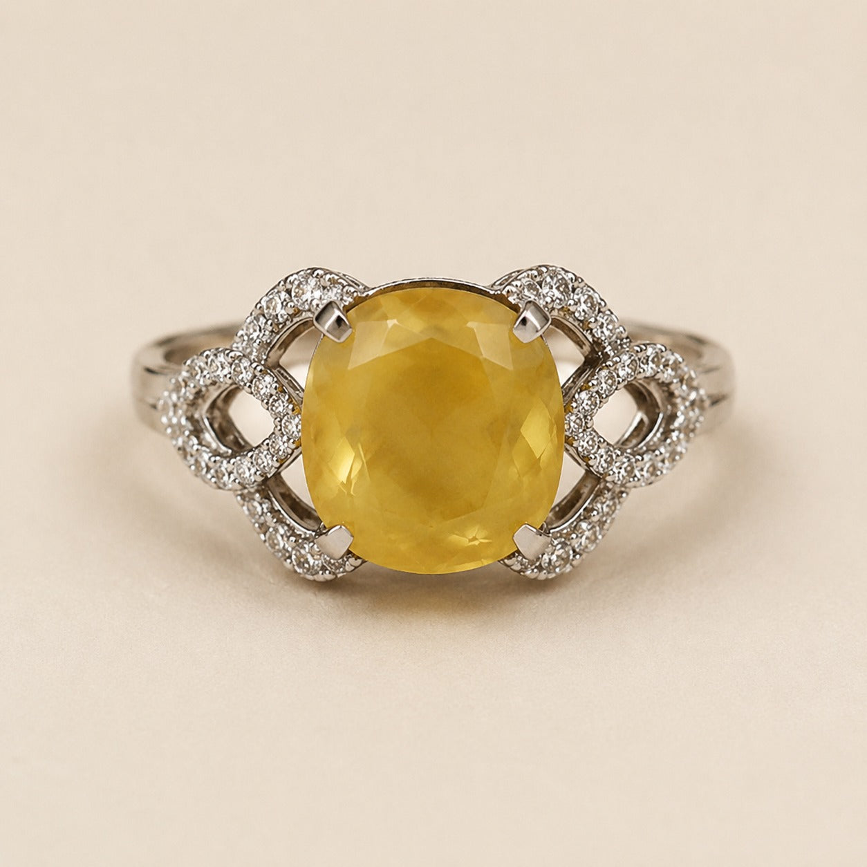 925 silver ring with a cushion yellow sapphire pukhraj gemstone and pavé diamond-style detailing