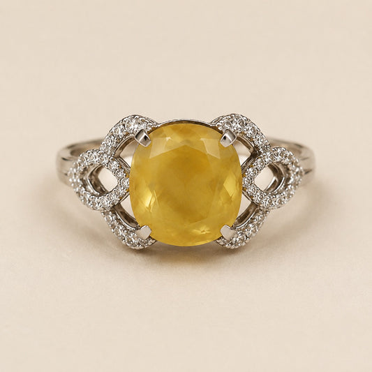 925 silver ring with a cushion yellow sapphire pukhraj gemstone and pavé diamond-style detailing