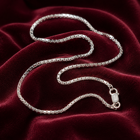 Short 925 sterling silver box chain necklace with clasp on burgundy velvet