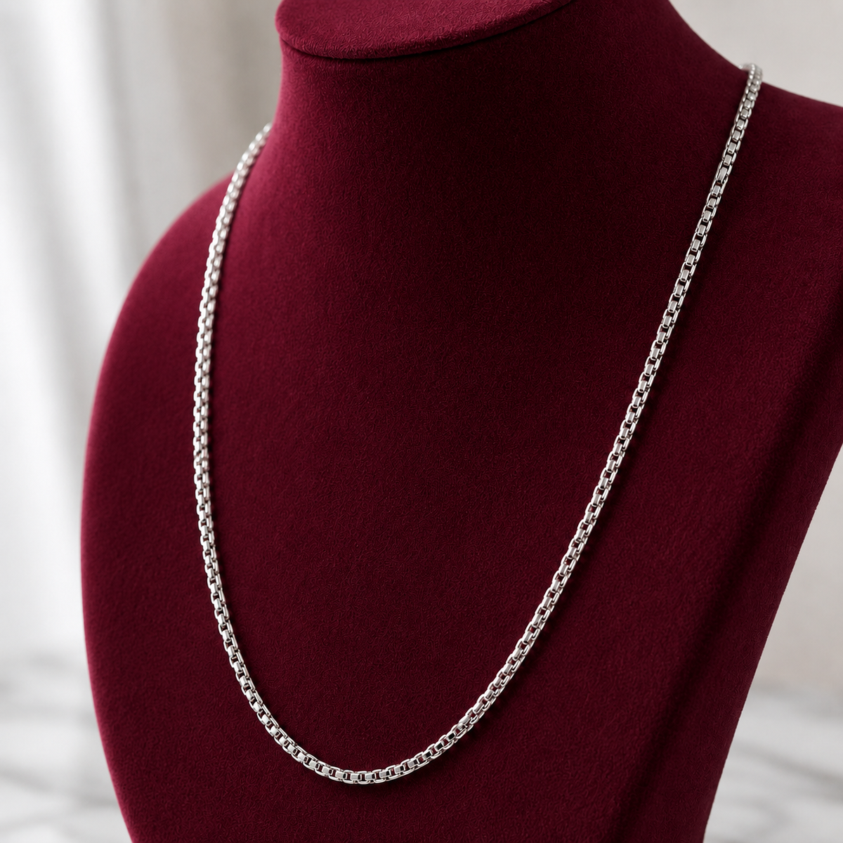 925 sterling silver box chain necklace on deep red velvet display, 37 cm length