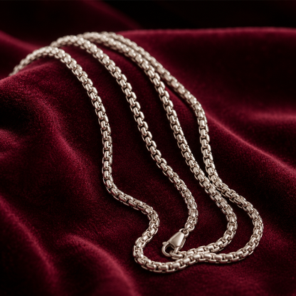 925 sterling silver thick Venetian box chain necklace with lobster clasp on burgundy velvet