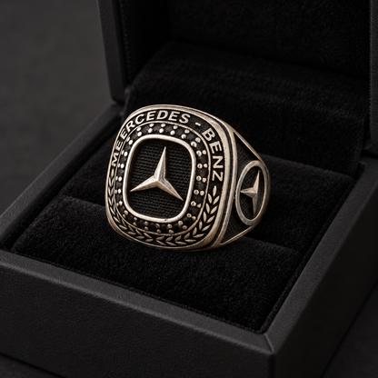925 Sterling Silver Benz Emblem Ring, 10.10 g, Black Detail for Men