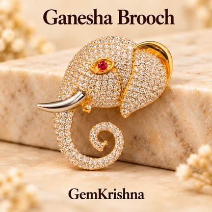 Moissanite Ganesh Ji Brooch –  Pure Gold-Plated 925 Silver with Red Stone Eye (7.52 Gram)
