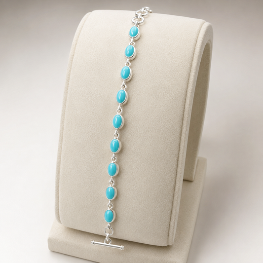 Turquoise 925 Sterling Silver Nine-Stone Bracelet (Protection & Communication) (18.20 Gram)