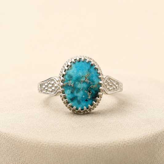 Ornate Oval Turquoise Statement Ring (Protection & Communication) (6.87 Gram)