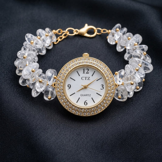 Natural Clear Quartz (Sphatik) Wrist Watch With Physical Lab Certification Luxury Dial Finish and Quality.