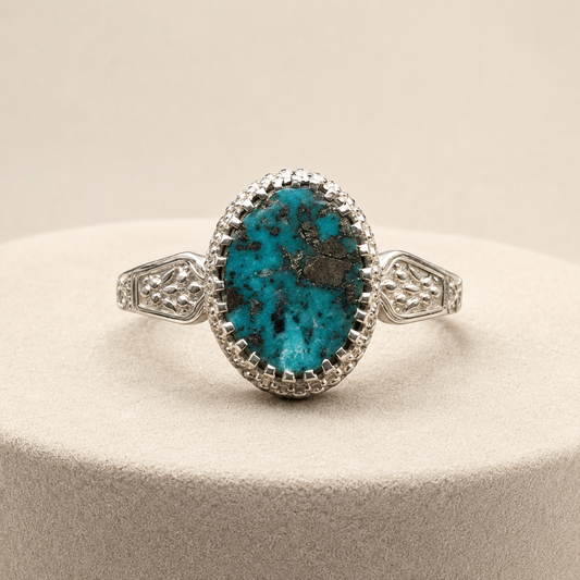 Oval Matrix Turquoise Filigree Ring (Protection & Communication)  (7.28 Gram)