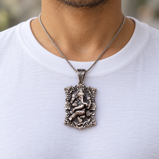 925 Silver Ganpati with Flower Frame Pendant – 12 g (New Beginnings & Wisdom)