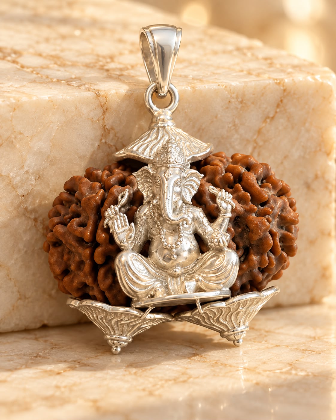 Gauri Shankar Rudraksha Pendant with Silver Ganesh Ji – 925 Silver Locket Only (22.98 Ct, 18 Gram, Lab & X-Ray Certified)