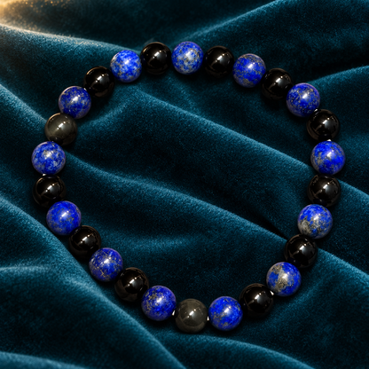 Grounding & Wisdom Bracelet – Black Obsidian and Lapis Lazuli, 8mm with GJSPC Lab Report | GemKrishna