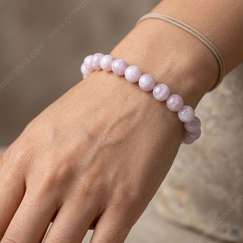 Elegant Natural Kunzite Bracelet with soft pink beads and glassy shine.