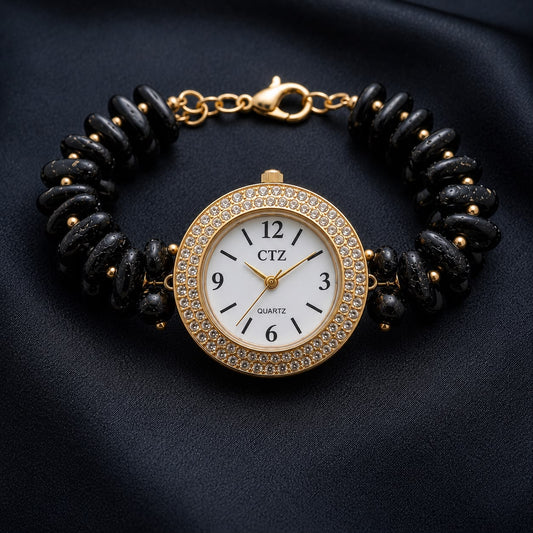 Natural Black Tourmaline Wrist Watch With Physical Lab Certification Luxury Dial Finish and Quality.