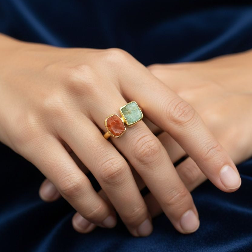Green Aventurine and Carnelian Rough Metal Ring
