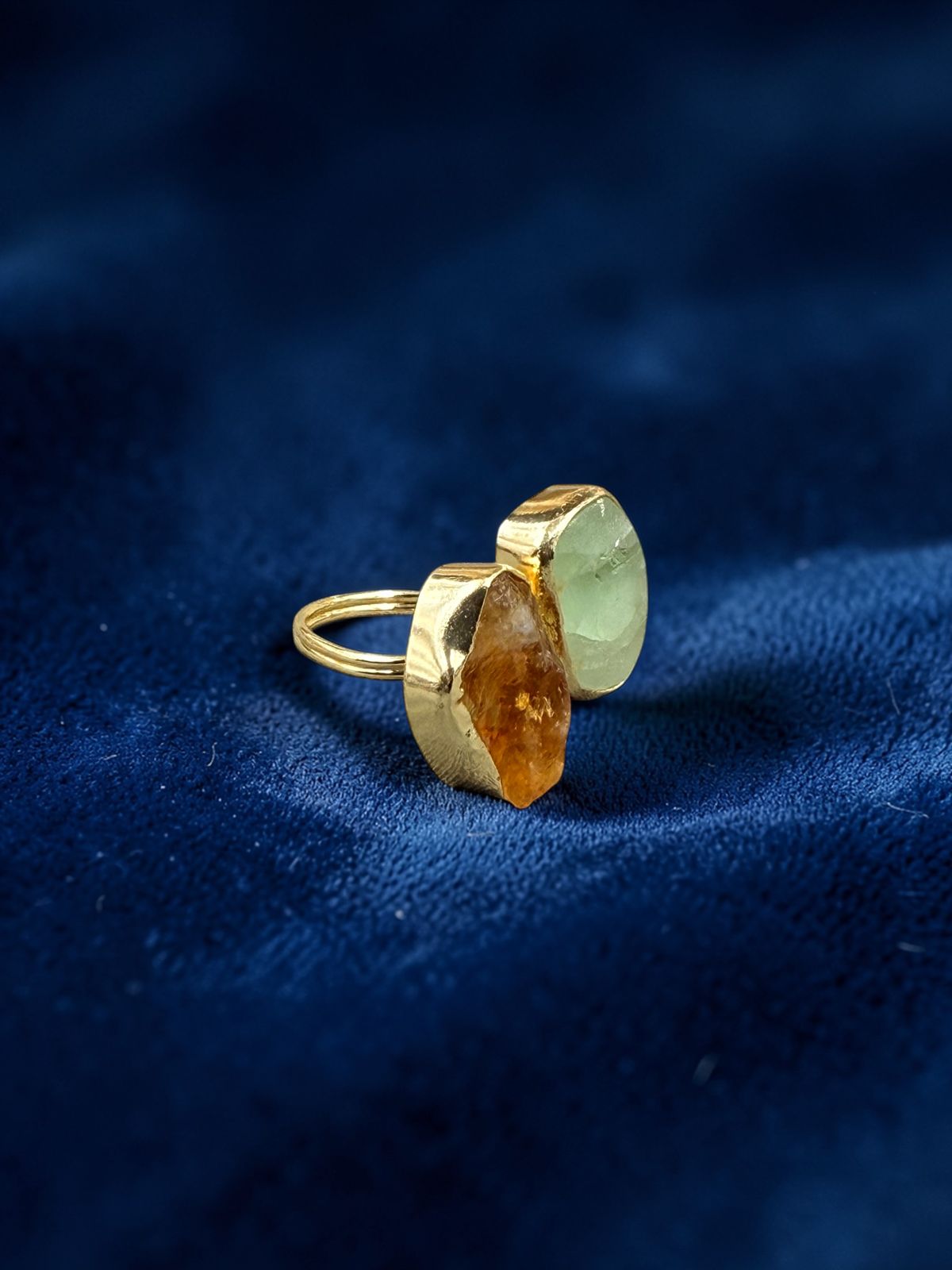Natural Green Aventurine and Citrine Rough Metal Ring