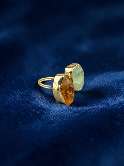 Natural Green Aventurine and Citrine Rough Metal Ring