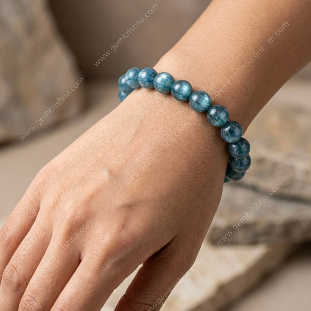 Natural Green Kyanite AAA Star Quality bracelet on a wrist, showcasing its vibrant green hues.
