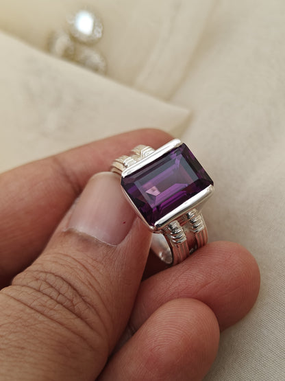 Amethyst Silver Ring Faceted Emerald Cut (Sterling Silver) 8.42 gm