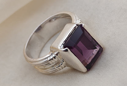 Amethyst Silver Ring Faceted Emerald Cut (Sterling Silver) 8.42 gm