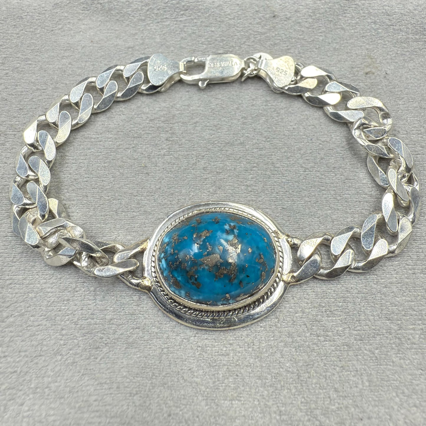Natural Turquoise Sterling Silver Bracelet  Oval cabochon Cut