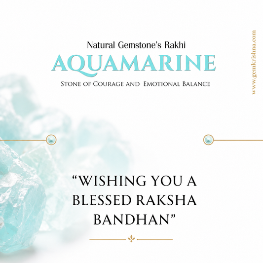 Text design showing aquamarine crystals with Raksha Bandhan blessing message on white background