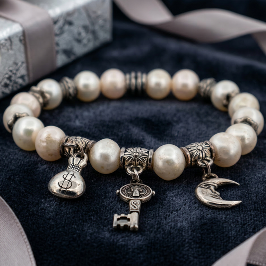 Elegant pearl charm bracelet with crescent moon, money bag, and key