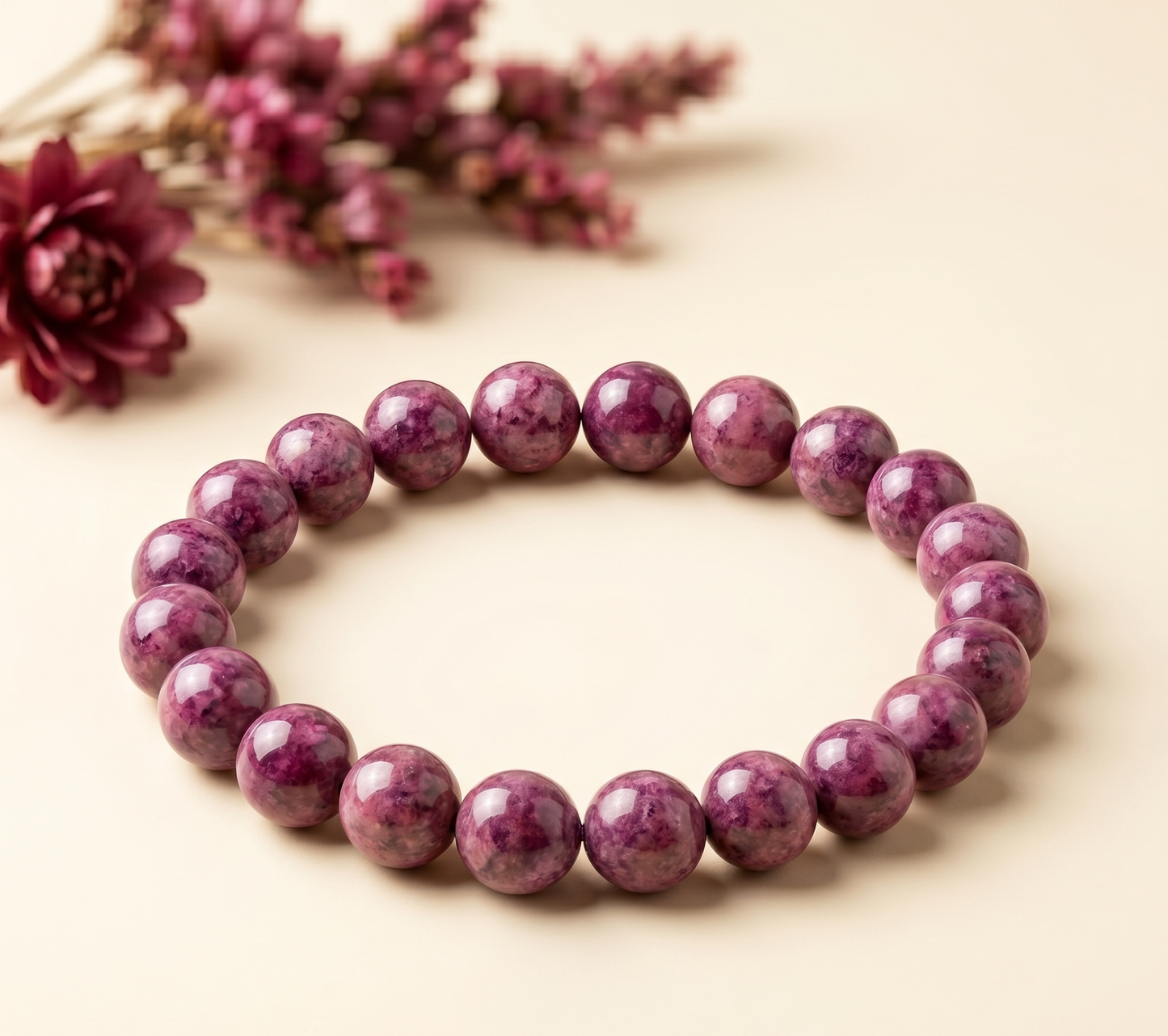 Lepidolite Bracelet with polished round purple beads on a light beige surface with blurred flowers