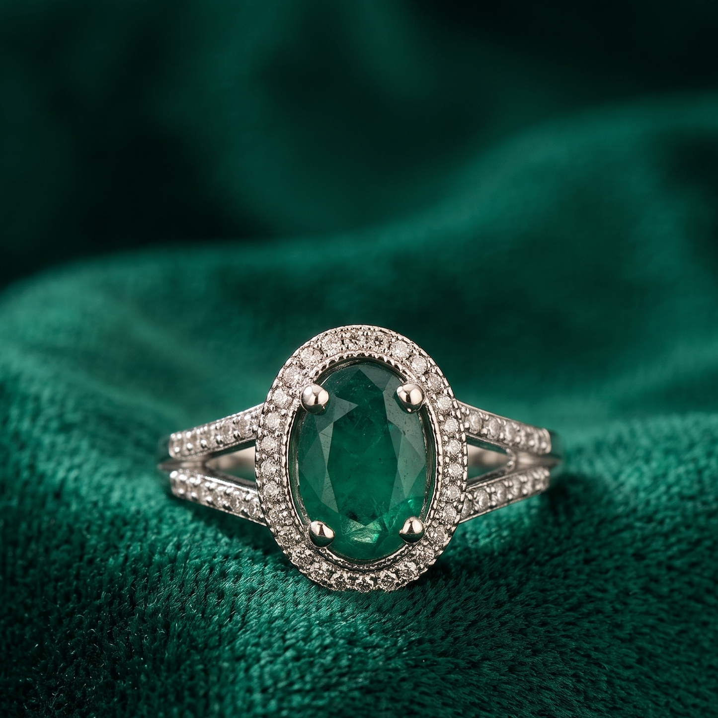 925 Silver Oval Emerald Panna Halo Ring