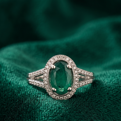 925 Silver Oval Emerald Panna Halo Ring