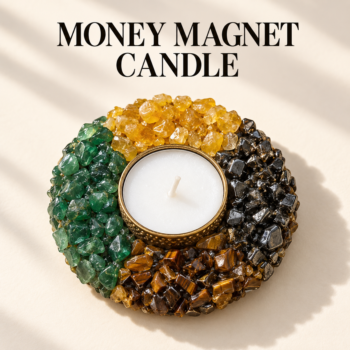 Money Magnet Candle – Green Aventurine, Citrine, Tiger's Eye & Pyrite Crystal Candle