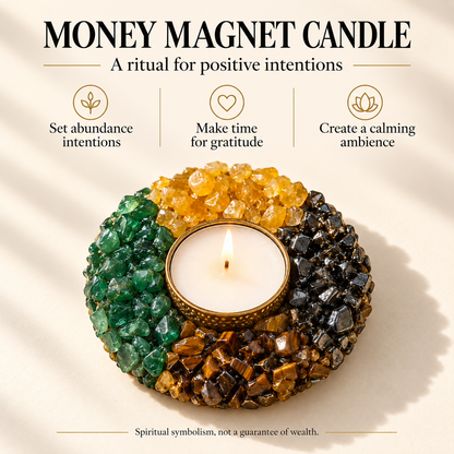 Money Magnet Candle – Green Aventurine, Citrine, Tiger's Eye & Pyrite Crystal Candle