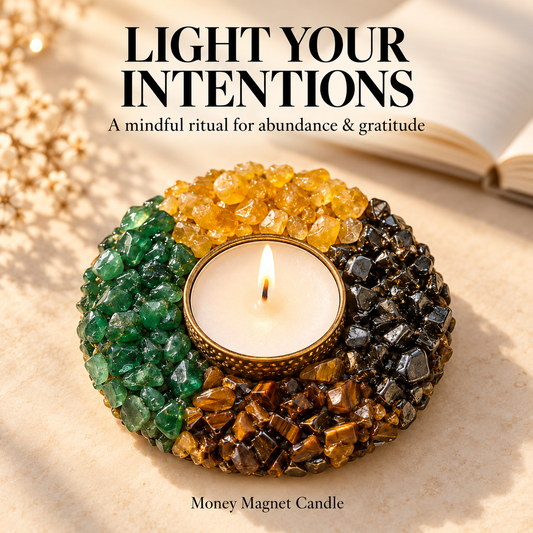 Money Magnet Candle – Green Aventurine, Citrine, Tiger's Eye & Pyrite Crystal Candle
