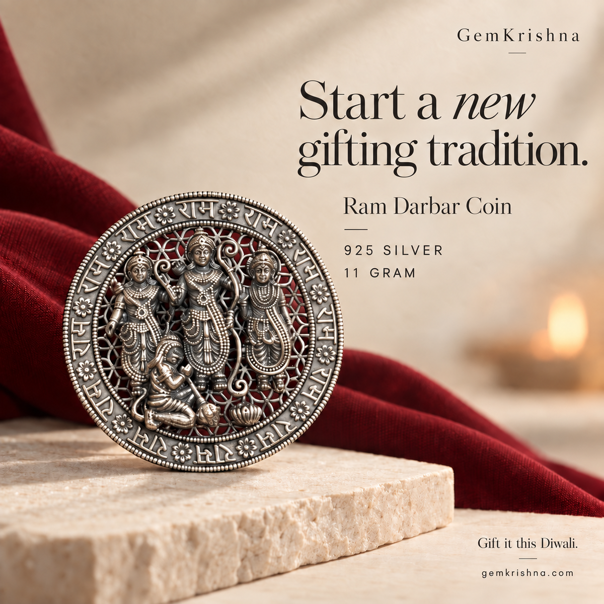 Pure 925 Silver Ram Darbar Coin (11 Gram) - Intricate Engraving by GemKrishna
