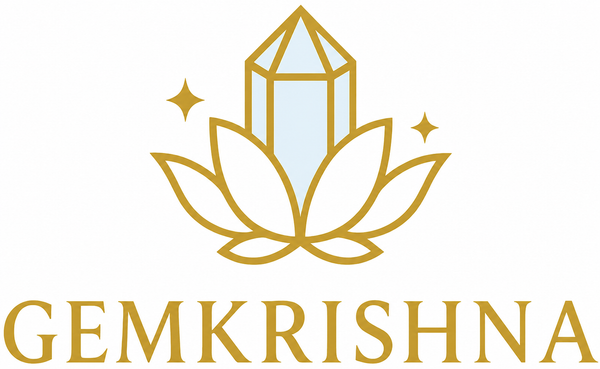 Logo of Gemkrishna with a crystal and lotus design on a white background